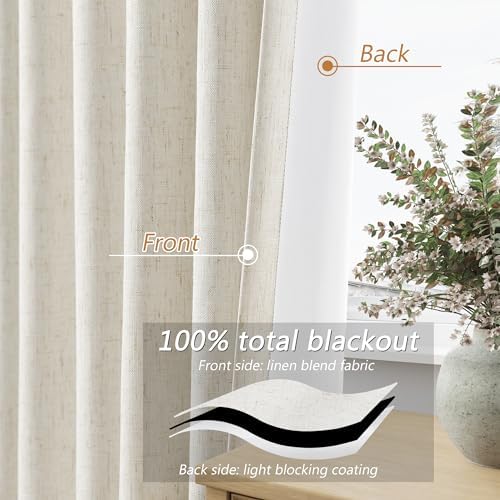 Guken 100% Blackout Linen Curtains 94 Inch Long for Bedroom 2 Panels Cream - Image 3