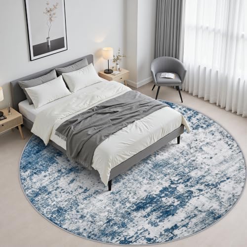 Round Area Rug Living Room: 4 ft Modern Washable Carpet Blue - Image 4