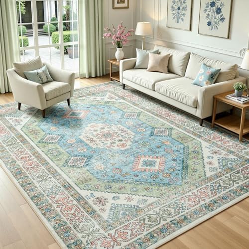 Lofus Living Room Rugs 5x7, Boho Sage Green and Light Blue Washable Carpet by Lofus