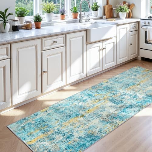 3x8 Teal Blue Rug Runners for Hallways Kitchen Runner Rug Non Slip Washable Black Long Runner Rugs with Rubber Backing Soft Abstract Carpet Runner for Bedroom, Kitchen, Bathroom, Entryway - Image 3