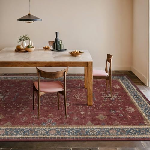 6x8 Dining Room Rugs for Under Table - Vintage Burgundy Boho Living Room Rug, Machine Washable Foldable Carpet,Southwestern Bed Room Décor Aesthetic by HazoHaus