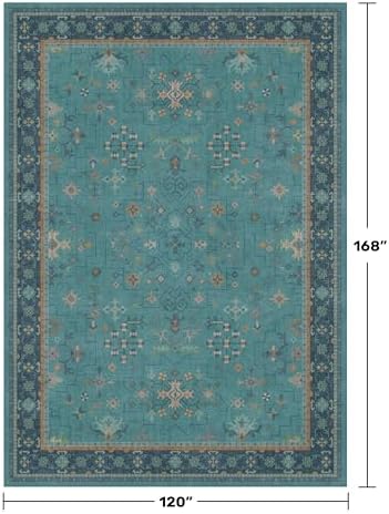 Washable 10x14 Teal Boho Living Room Rug - Geometric Floral Design Area Rug for Dining Room, Non Slip Soft Carpet for Large Bedroom, Low Pile & Stain Resistant Mats - Image 2