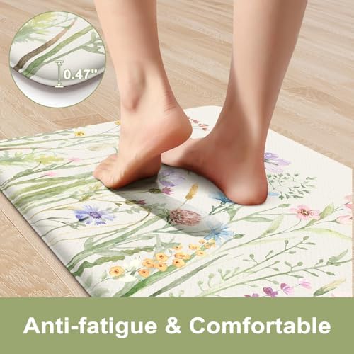 KIMODE Anti Fatigue Kitchen Mats for Floor,White Floral Kitchen Runner Rug - Image 3