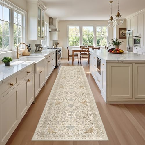 Madane Washable Runner Rugs 2x12 Long for Hallway Kitchen Soft, Beige/Blue - Image 2