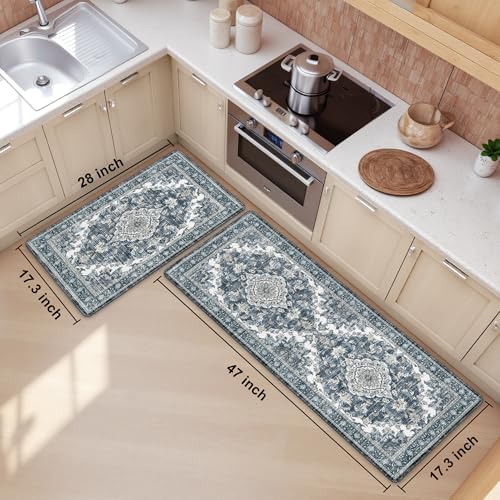 Boho Kitchen Mats for Floor 2PC Anti Fatigue Kitchen Rugs, Dark Blue - Image 2