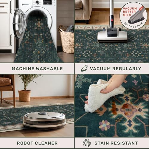 Hazo Haus Dark Green Oushak 5x8 Living Room Rug - Modern Vintage Boho Eclectic Floral Pastel, Washable Low Pile Non-Slip Large Area Rugs for Nursery Dining Under Table Bedroom Lounge - Image 4