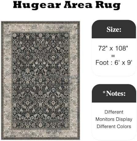 HUGEAR 6x9 Black Beige Vintage Floral Washable Area Rug for Living Room - Image 2