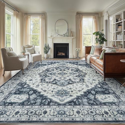 Amada Large 9x12 Washable Area Rug for Living Room, Navy/Blue, Vintage by AMADAHOMEFURNISHING