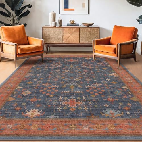 Hazo Haus 6x9 Dining Room Rugs for Under Table - Washable Area Rug for Living Room, Low Pile Non-Slip Rugs for Bedroom - Navy Blue & Terracotta Vintage Boho Eclectic Home Decor - Image 3
