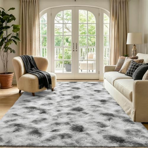 6x9 Large Tie-Dyed Grey and White Fluffy Area Rug Non-Slip for Living Room - Image 2