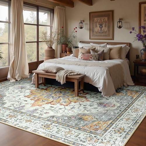 RELEANY Washable Area Rug, 6'x8', Beige/Carbon Grey/Orange by RELEANY