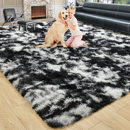 5x7 Tie-Dyed Black and White Fluffy Area Rug Non-Slip for Living Room by ModernHomeDecor