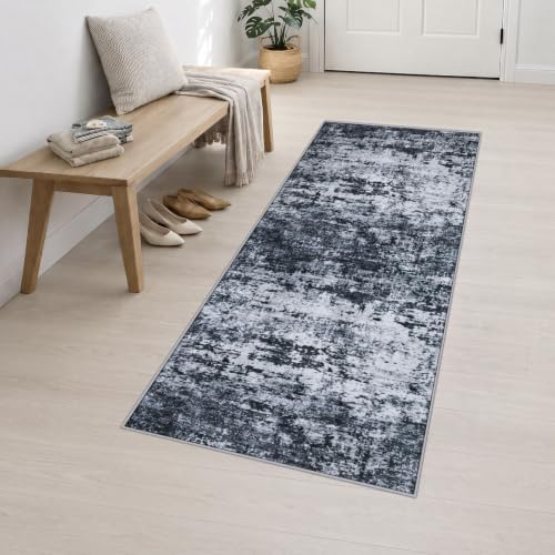 2.6x8 Washable Runner Rug：Modern Abstract Kitchen Carpet Black - Image 3