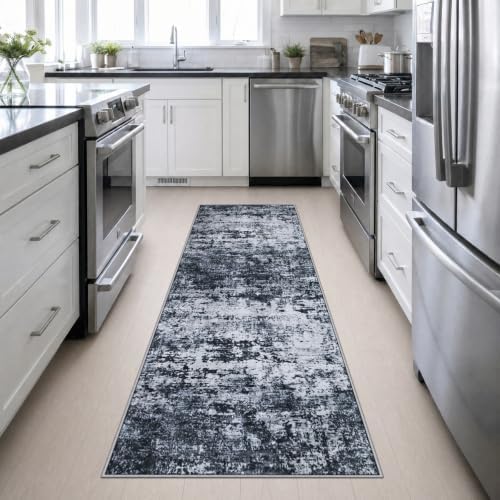 2.6x10 Washable Runner Rug:Modern Abstract Indoor Carpet Black - Image 5