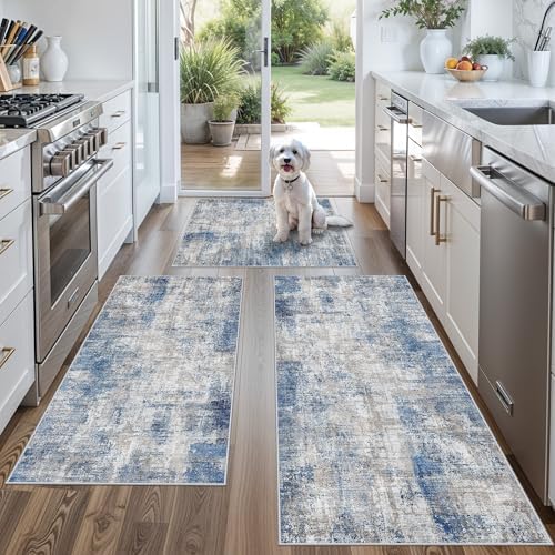 Kitchen Mats for Floor 3 Piece Set, Washable Non-Slip Farmhouse Kitchen Rugs for Hardwood Floor, Rustic Floral Boho Runner Rug for Sink,Entryway & Hallway & Bathroom (Blue/Grey/Ivory,2x3+2x4+2x5) by BYYVOORugsforYourHome