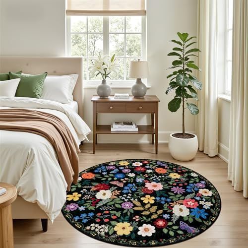 PLHXFR Round Area Rug Living Room: 4 ft Floral Washable Soft Carpet Black - Image 3