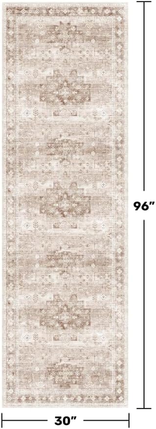 Hazo Haus Beige Washable 2'6"x8' Wide Hallway Runners, Kitchen Runner Rug, Non-Slip & Stain Resistant Long Floor Rug, Neutral Boho Floral Decor (2'6"x8' Beige/Latte) - Image 2