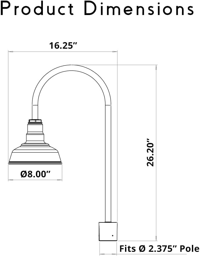Steel Lighting Co. Hawthorne Light | Outdoor Pole Top Mounted | 8" Dome | Upslope Gooseneck with Slip Fitter for 2-3/8" Standard Poles | Made in America | Matte Black Exterior/Brass Interior