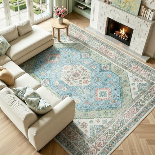 Lofus Living Room Rugs 8x10, Boho Sage Green and Light Blue Washable Carpet - Image 4