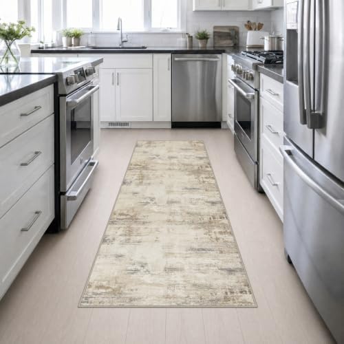 2.6x8 Washable Runner Rug：Modern Abstract Soft Carpet Beige Brown - Image 4
