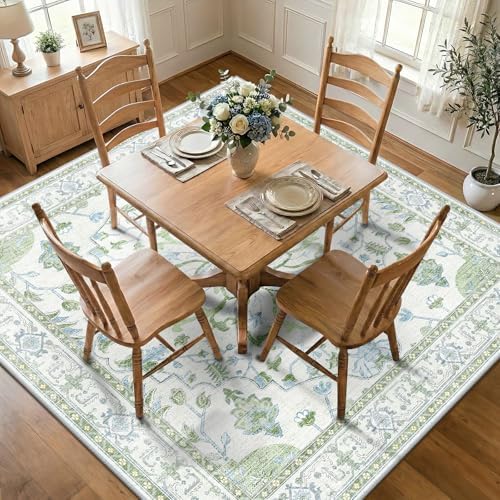 RELEANY Washable Area Rug, Square 8'x8', Green/White/Blue - Image 3