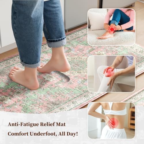 Boho Kitchen Mats for Floor 2PC Anti Fatigue Kitchen Rugs, Green Pink - Image 3