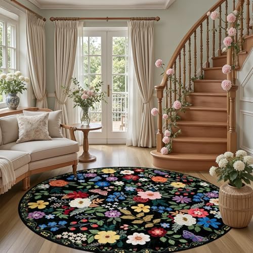 PLHXFR Round Area Rug Living Room: 6 ft Floral Washable Soft Carpet Black - Image 2