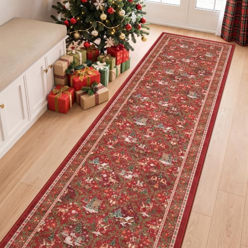 2x8 Christmas Runner Rug for Hallway,Washable Kitchen Rug,Red - Image 5