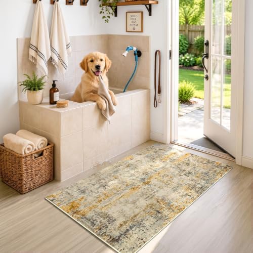 Entrance Rugs Indoor 2x4 Beige Entry Rug Washable Abstract Black Small Area Rug Non-Slip Low Pile Throw Rugs for Entryway, Kitchen Floor, Front Door Indoor Door Mat, Bathroom, Bedroom Bedside - Image 3