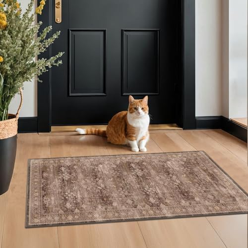 Brown 2x4 Entryway Runner Rugs, Small Runners for Kitchen, Door Mat Indoor Entrance, Bathroom, Non-Slip Low-Pile Washable Stain Resistant, Vintage Taupe Earthy Decor by HazoHaus