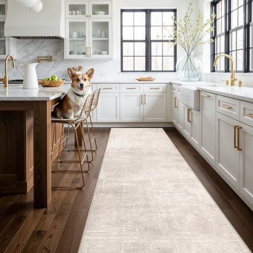 HAOYUNLAI 3x12 Hallways Runner Rugs: Soft Kitchen Rug Non-Slip Floor Mat with Rubber Backing Washable Non Shedding Soft Beside Carpet for Bedroom Abstract Home Decor Rug Runner(3x12,Beige/Cream by HYHAOYUNLAI