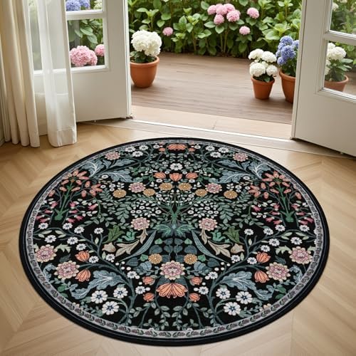 PLHXFR Round Area Rug Living Room: 4 ft Floral Washable Carpet Dark Black - Image 2
