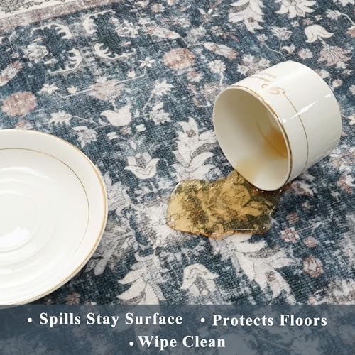 Washable Hallway Runner Rug 2x10: Non Slip Vintage Boho Carpet with Rubber Backing for Kitchen Entryway Hall Holiday Farmhouse Neutral Cream Long Runners (Blue,2'x10') - Image 6
