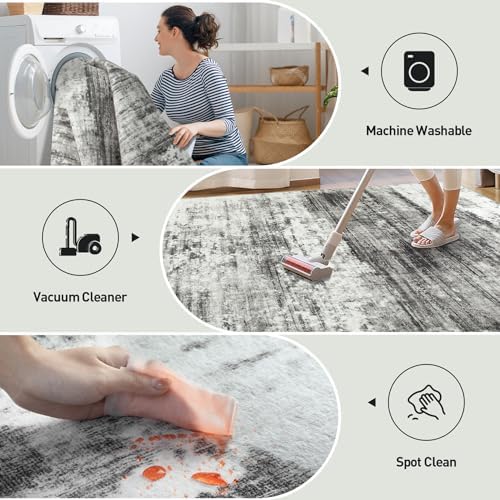 5x7 Area Rugs for Living Room: Washable Abstract Black Grey Bedroom Carpet - Image 4