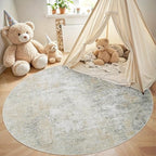 Aelenmu Round Rug 5ft Washable Rug for Dining Room Living Room Beige Grey - Image 4