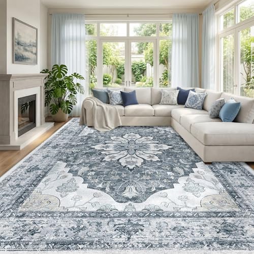 RELEANY Washable Area Rug, Large 10'x14', Grey/White/Beige by RELEANY