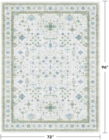 Hazo Haus Cream Oushak 6x8 Bedroom Rug - Boho Floral Cool Blue and Green, Washable Low Pile Non-Slip Ultra-Thin Large Area Rugs for Bed Room, Living Room - Image 2