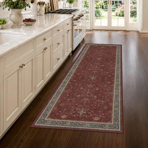 Washable 3x8 Entry Way Rugs Indoor - Burgundy Large Kitchen Rug, Non Slip Unique Bohemian Red Low Pile Thin Carpet for Bedroom Bedside, Foyer by HazoHaus