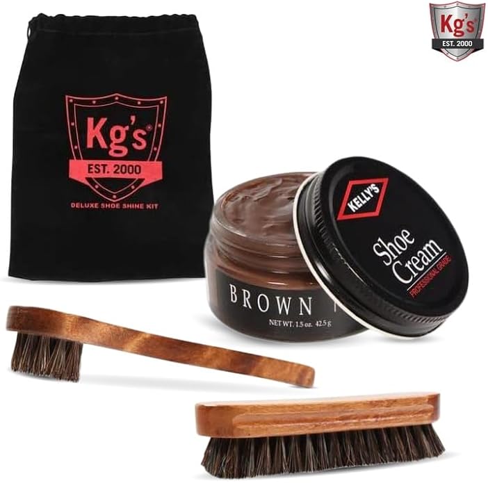 Kg's Shoe Shine Kit Includes Polish, Horsehair Brush, Applicator, and Storage Bag