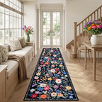 PLHXFR 2.6x14 Washable Runner Rug：Floral Indoor Kitchen Soft Carpet Black - Image 3