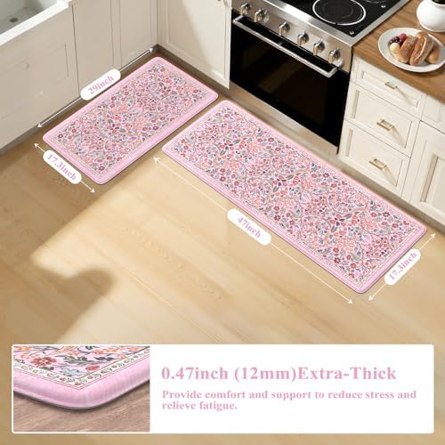 Collive Kitchen Mats for Floor, Pink Floral Rugs 17.3"x47"+17.3"x29" - Image 2