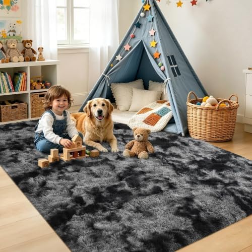 5x7 Tie-dye Dark Grey Fluffy Soft Area Rug Non-Slip for Living Room Bedroom - Image 4