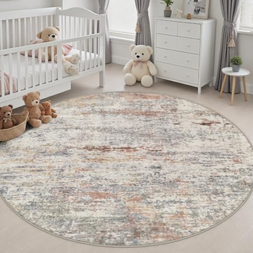Round Area Rug Living Room: 6 ft Modern Washable Carpet Taupe - Image 5