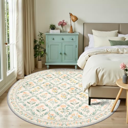 PLHXFR Round Area Rug Living Room: 8 ft Floral Washable Carpet Beige Multi - Image 2