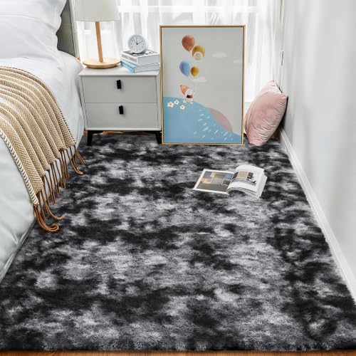 Ophanie Tie-Dyed Black & Grey Area Rugs for Bedroom Living Room, Fluffy Shag Fuzzy Carpet, Plush Shaggy Rug,4x6 Indoor Carpet for Kids Boys Dorm Home Decor Aesthetic, Nursery with 99 pcs Pile fibers - Image 3