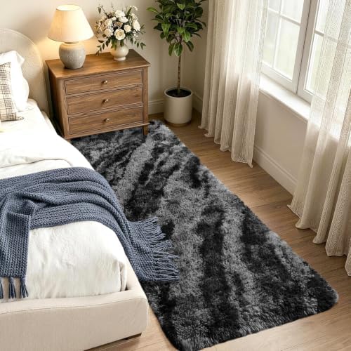 Noahas 2x8 Black Fluffy Soft Runner Rug Non-Slip for Bedroom Dorm Hallway - Image 2