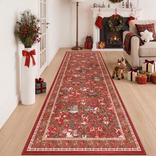 3x8 Christmas Runner Rug for Hallway,Washable Kitchen Rug,Red by Restydon