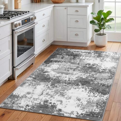3x4 Washable Porch Rug Grey Front Door Welcome Mat 36x48, Indoor Outdoor Entryway Rugs for Kitchen Floor, Bath, Bedroom Bedside, Non-Slip Low Pile Stain & Fade Resistant, Abstract Gray - Image 2