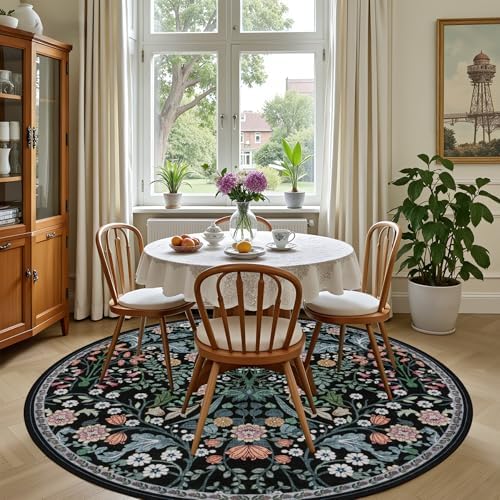 PLHXFR Round Area Rug Living Room: 4 ft Floral Washable Carpet Dark Black - Image 4