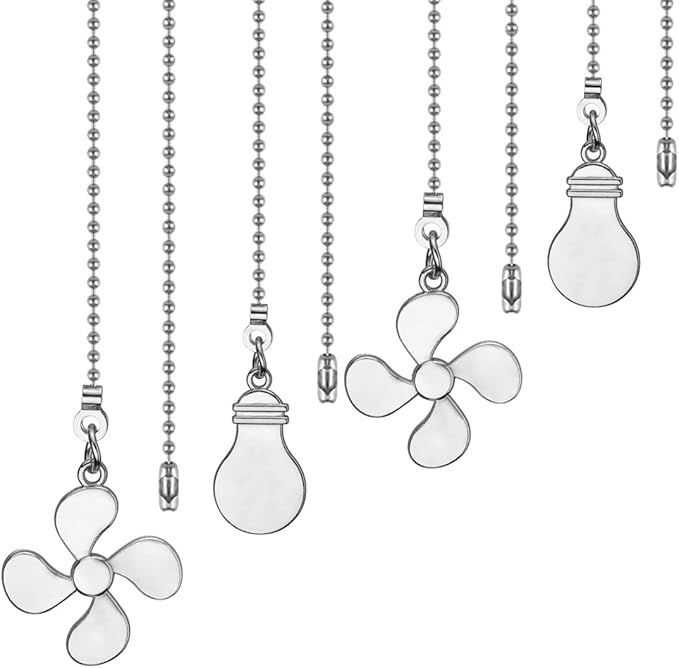 ZE-268S6- Ceiling Fan Pull Chain Set, 12 Inch Nickel, 4 Pieces Fan and Light Design Extension, for Ceiling Fan and Lighting
